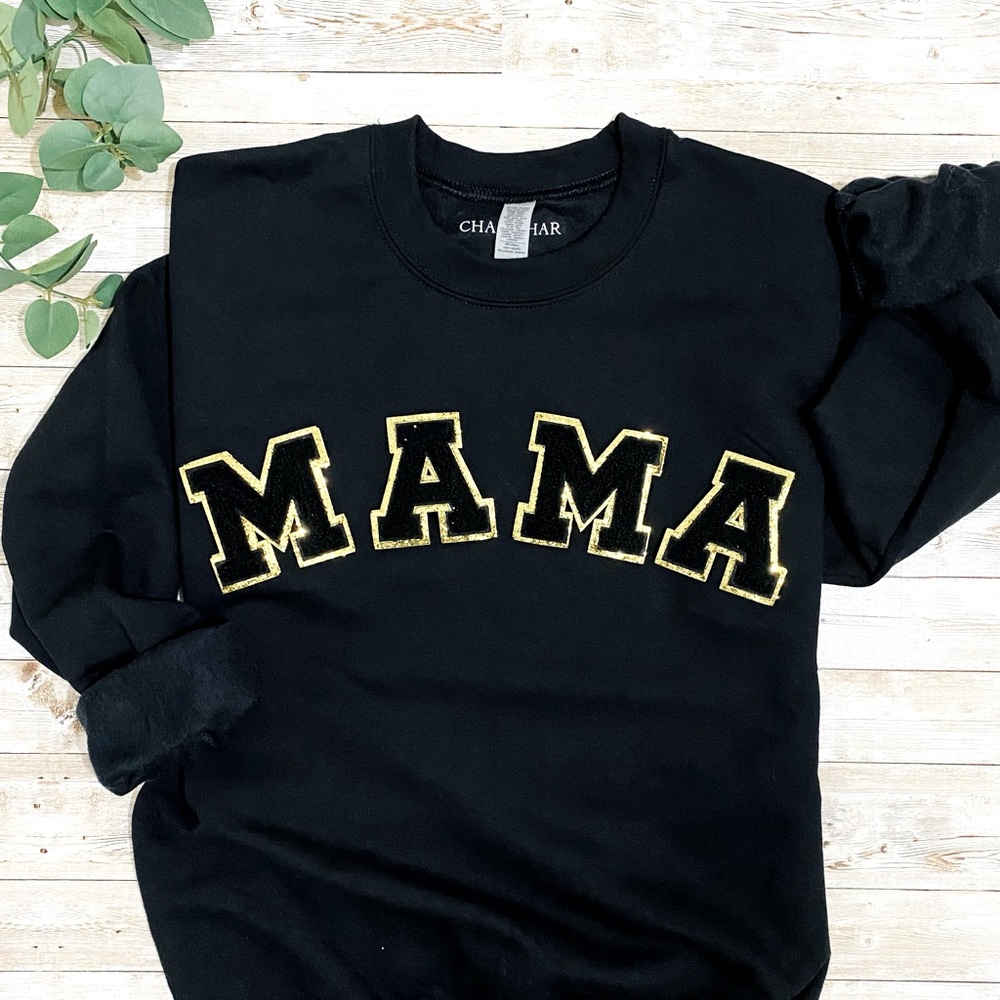 Black Chenille Patch Crewneck Sweatshirt, Mama sweatshirt, First time Mom gift